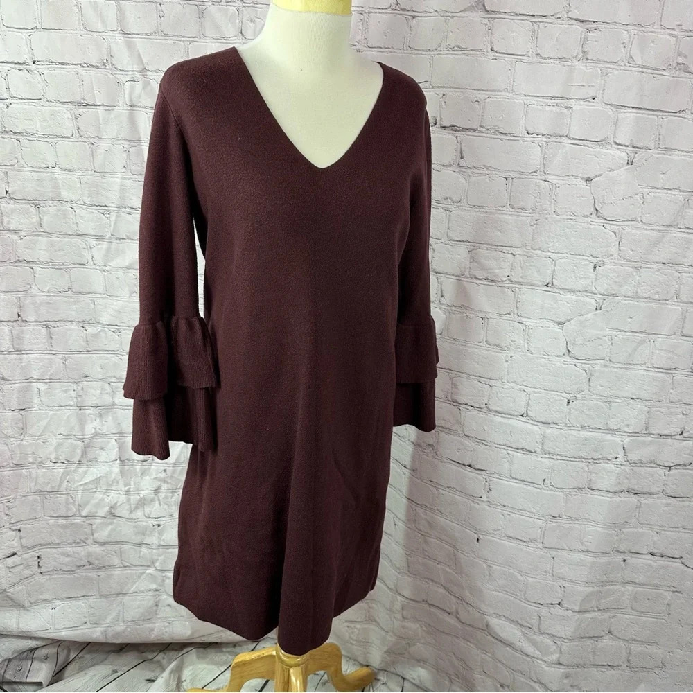 ann taylor burgundy sweater dress sz medium ruffle bell sleeve V-neck